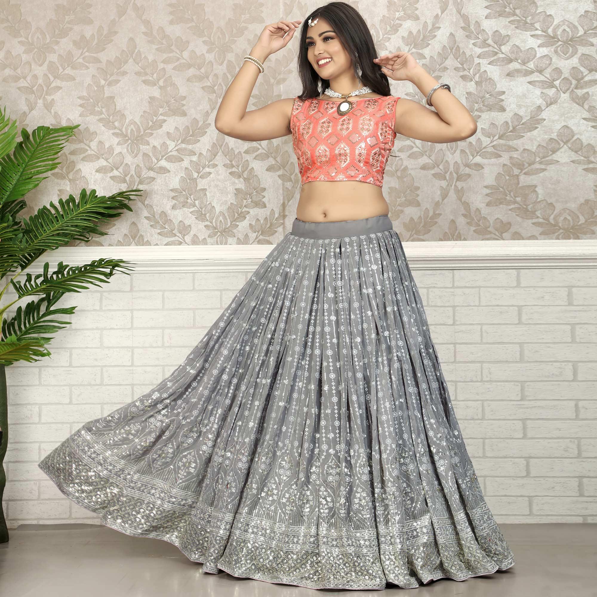 Grey Party Wear Sequins Embroidered Georgette Lehenga