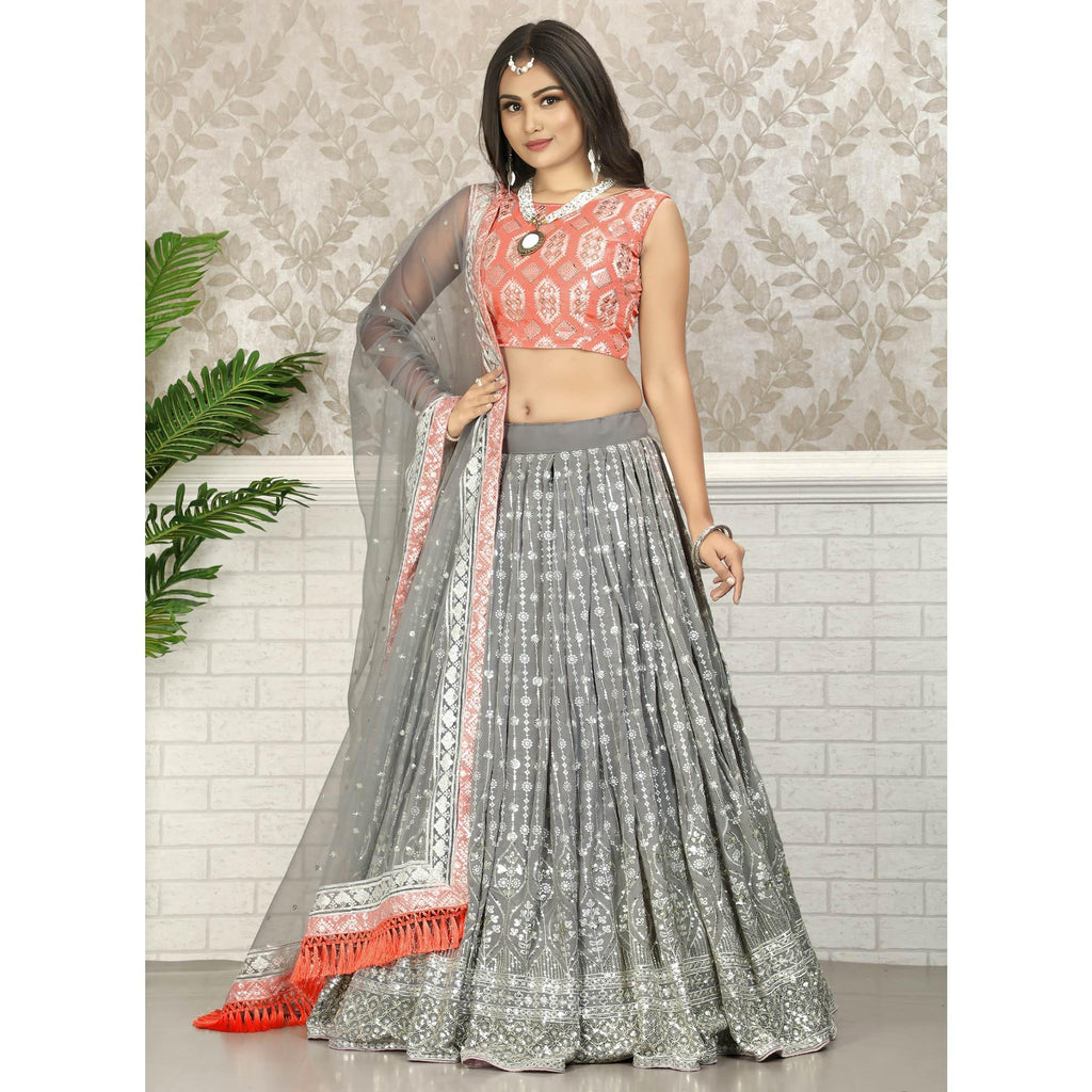 Grey Party Wear Sequins Embroidered Georgette Lehenga Choli Clothsvilla