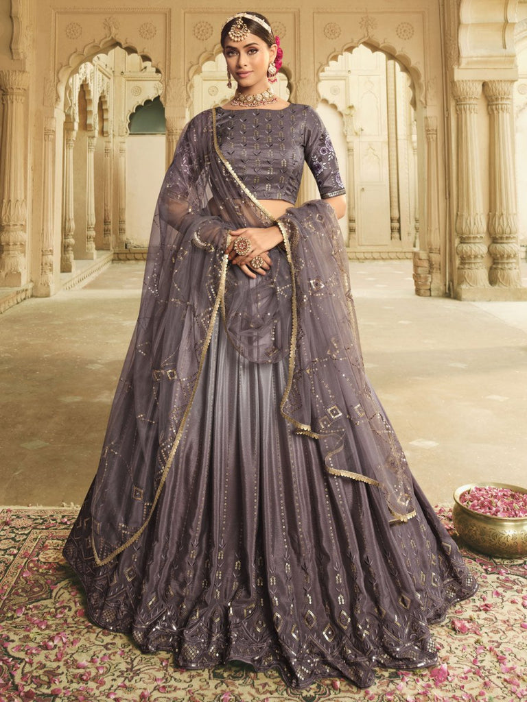 Buy Grey Floral Print Silk Lehenga Choli With Bandhani Dupatta Online At  Zeel Clothing