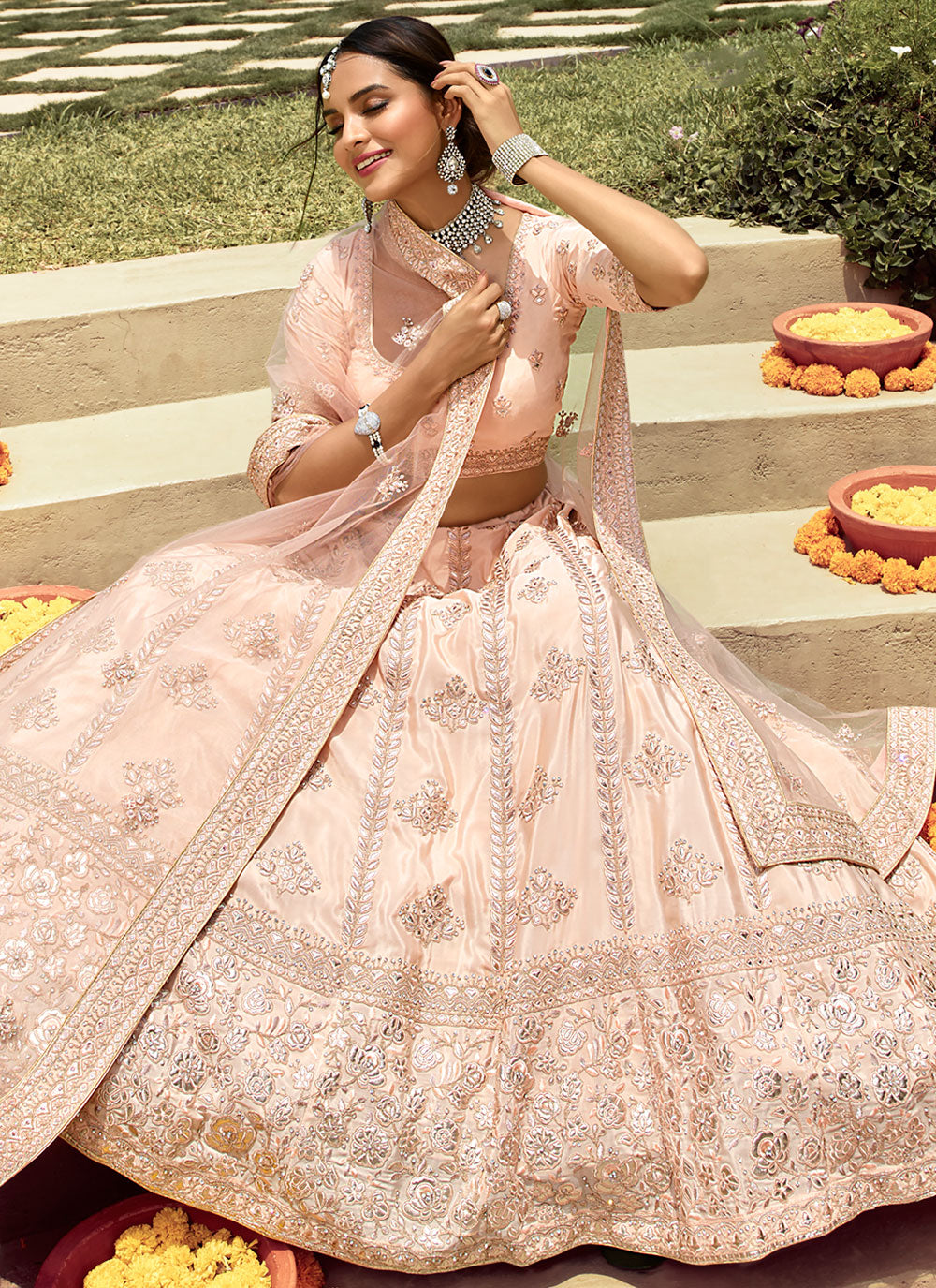 Beige Sangeet Faux Crepe Lehenga Choli Clothsvilla