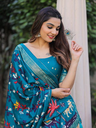 Firozi Color Printed With Foil Work Dola Silk Lehenga Choli ClothsVilla.com