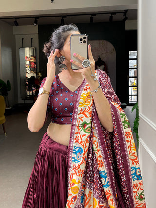 Maroon Color Bandhej Print With Patola Print Crushed Dola Silk Lehenga Choli ClothsVilla.com