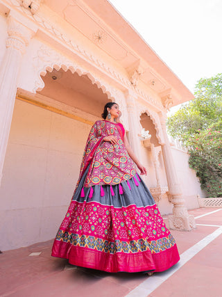 Grey Color Printed With Foil Work Dola Silk Lehenga Choli Clothsvilla