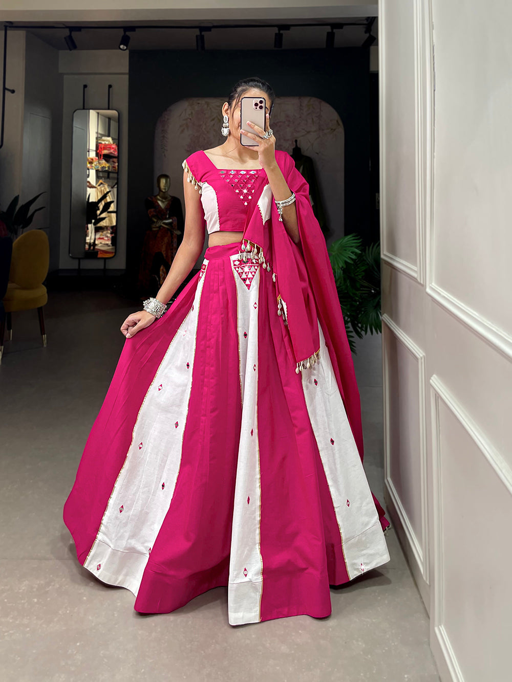 Pink Color Mirror Work With Gota Patti Cotton Chaniya Choli ClothsVilla