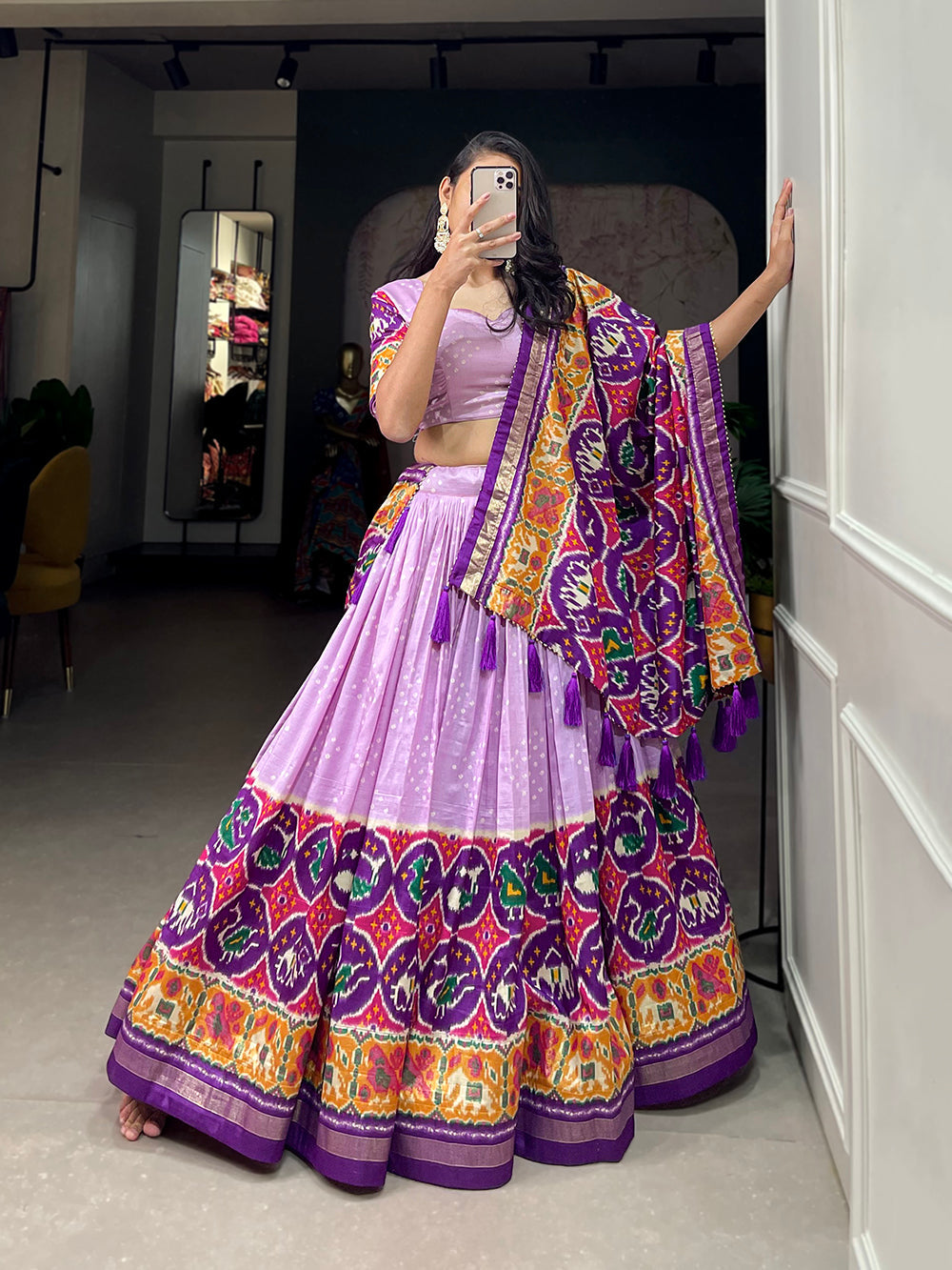 Lavender Color Patola Print With Foil Work Tussar Silk Lehenga Choli ClothsVilla