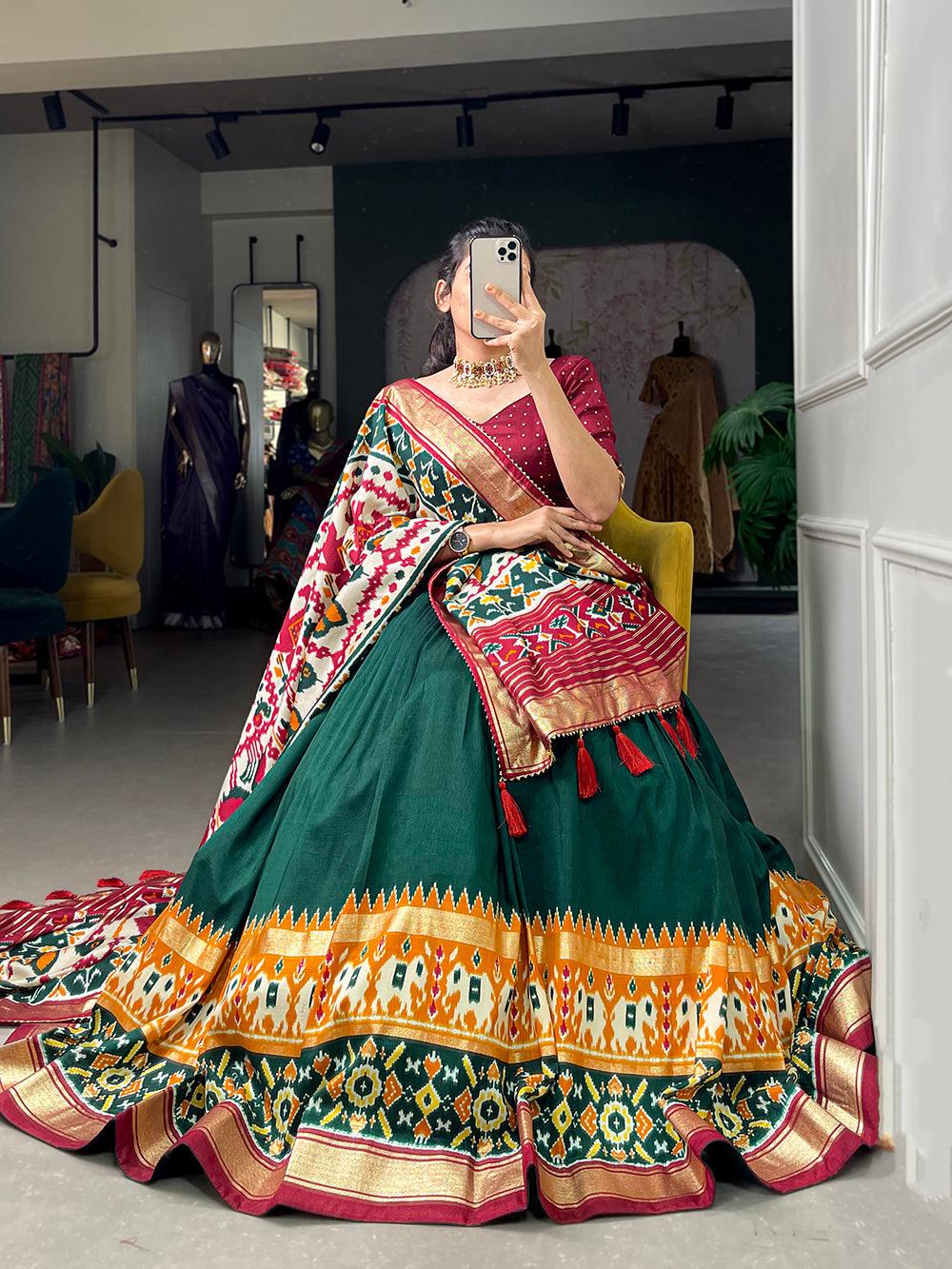 Green Color Patola Print With Foil Work Tussar Silk Lehenga Choli ClothsVilla