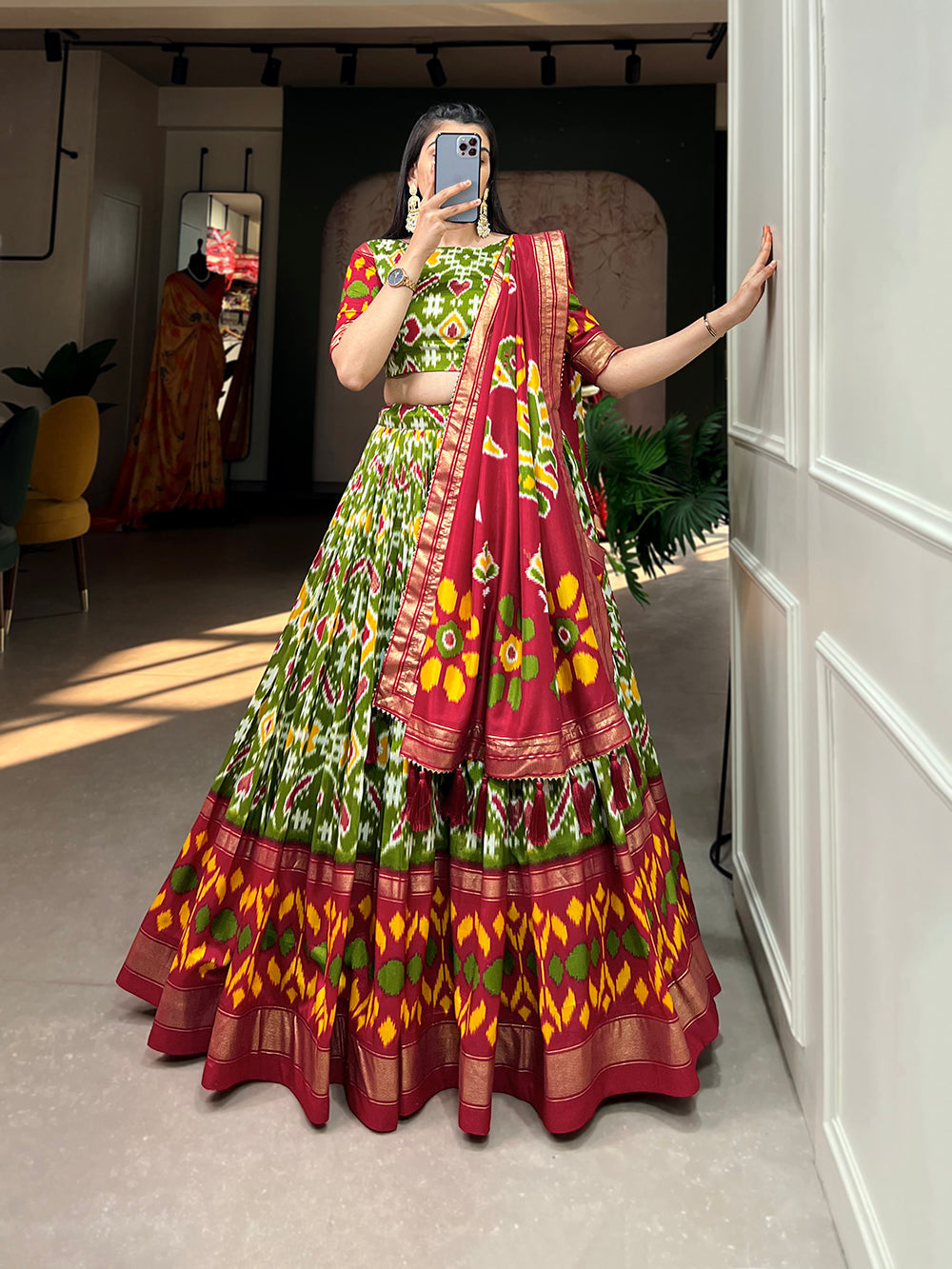 Mehendi Color Patola Print With Foil Work Tussar Silk Lehnga Choli Clothsvilla