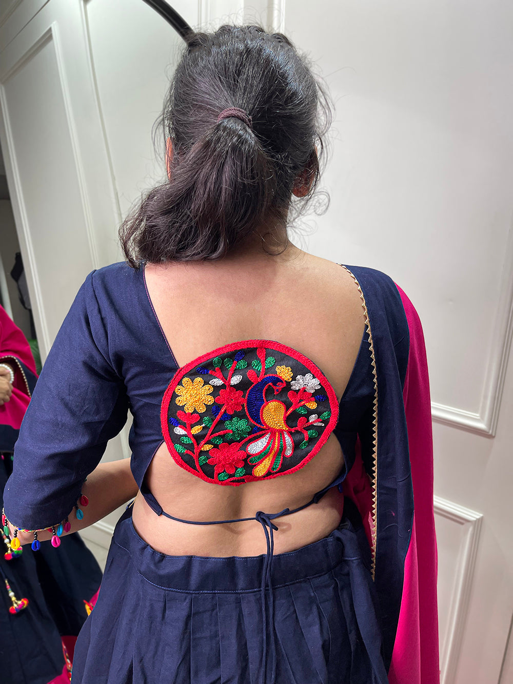 Navy Blue Color  Gamthi Patch Work With Colorful Cowrie(kodi) Work Cotton Chaniya Choli ClothsVilla.com