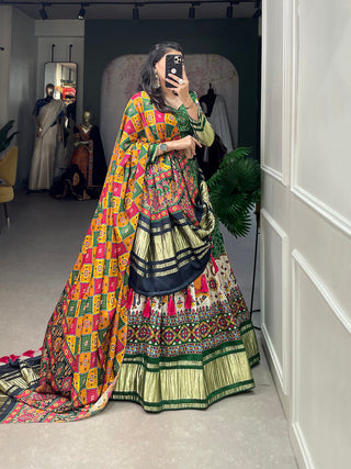 Green Color Digital Printed With Lagadi Patta Gaji Silk Lehenga Choli Clothsvilla