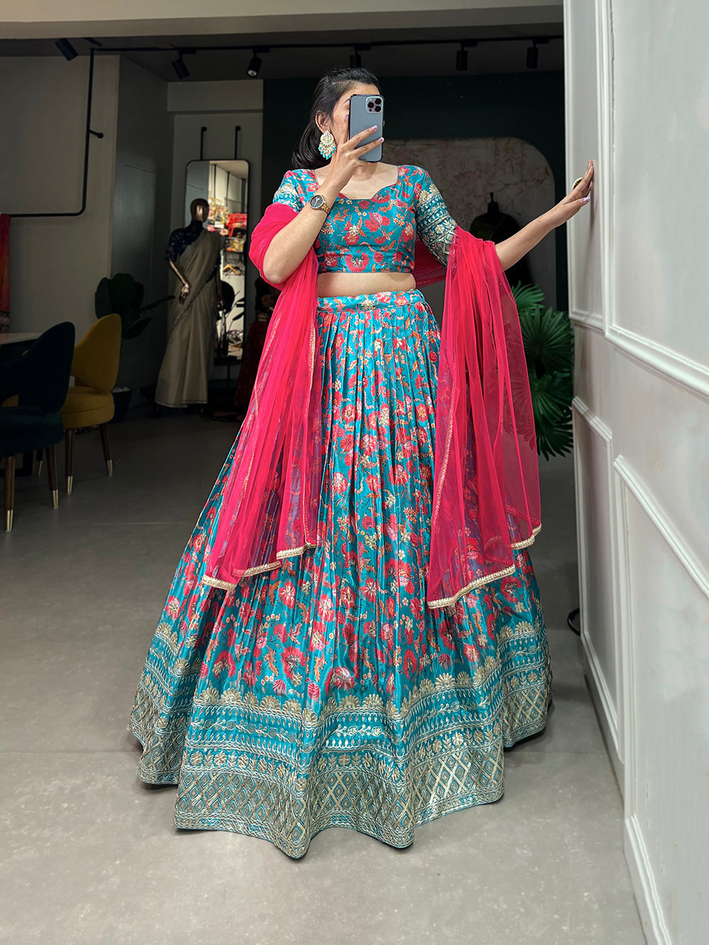 Sky Blue Color Digital Printed Sequins And Embroider Work Chinon Lehenga Choli Clothsvilla