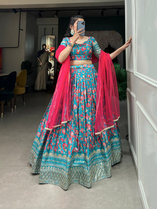 Sky Blue Color Digital Printed Sequins And Embroider Work Chinon Lehenga Choli Clothsvilla
