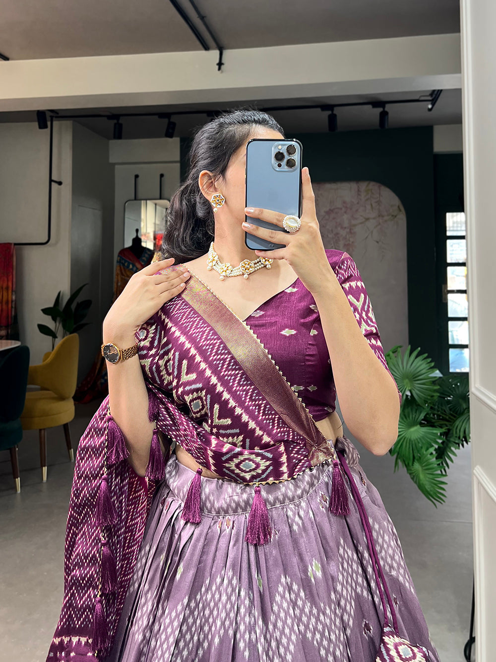 Wine Color Dot And Ikkat Print With Foil Work Tussar Silk Lehenga Choli Clothsvilla
