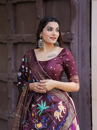 Wine Color Printed With Foil Work Dola Silk Lehenga Choli ClothsVilla.com