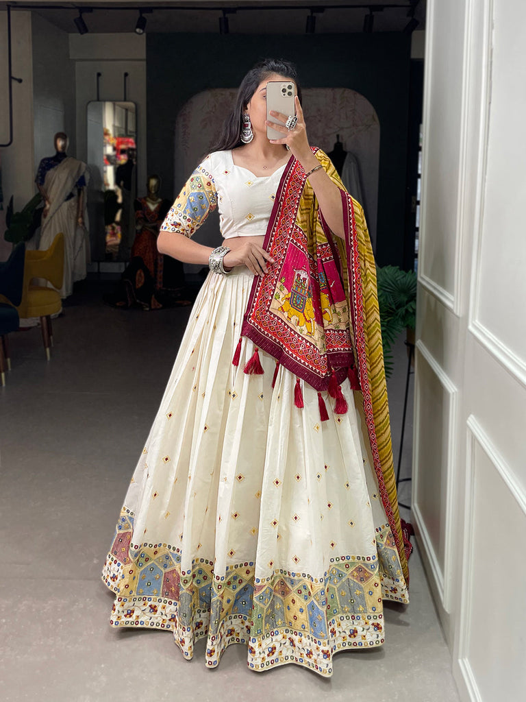 Temple Design Sequins And Thread Embroidery Work Khadi Cotton Wedding Wear Lehenga Choli Clothsvilla