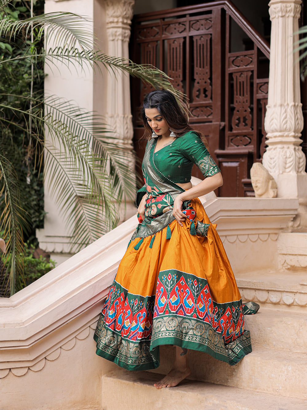 Mustard Color Printed With Foil Work Dola Silk Lehenga Choli ClothsVilla.com