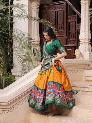 Mustard Color Printed With Foil Work Dola Silk Lehenga Choli ClothsVilla.com
