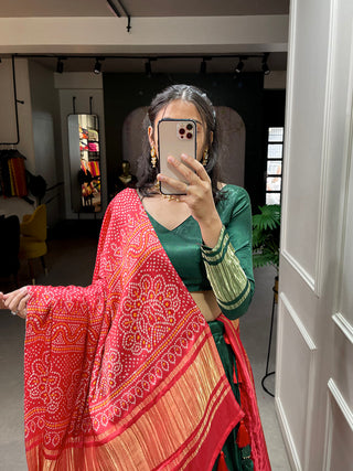 Green Color Dyeing With Lagdi Patta Gaji Silk Lehenga Choli ClothsVilla.com