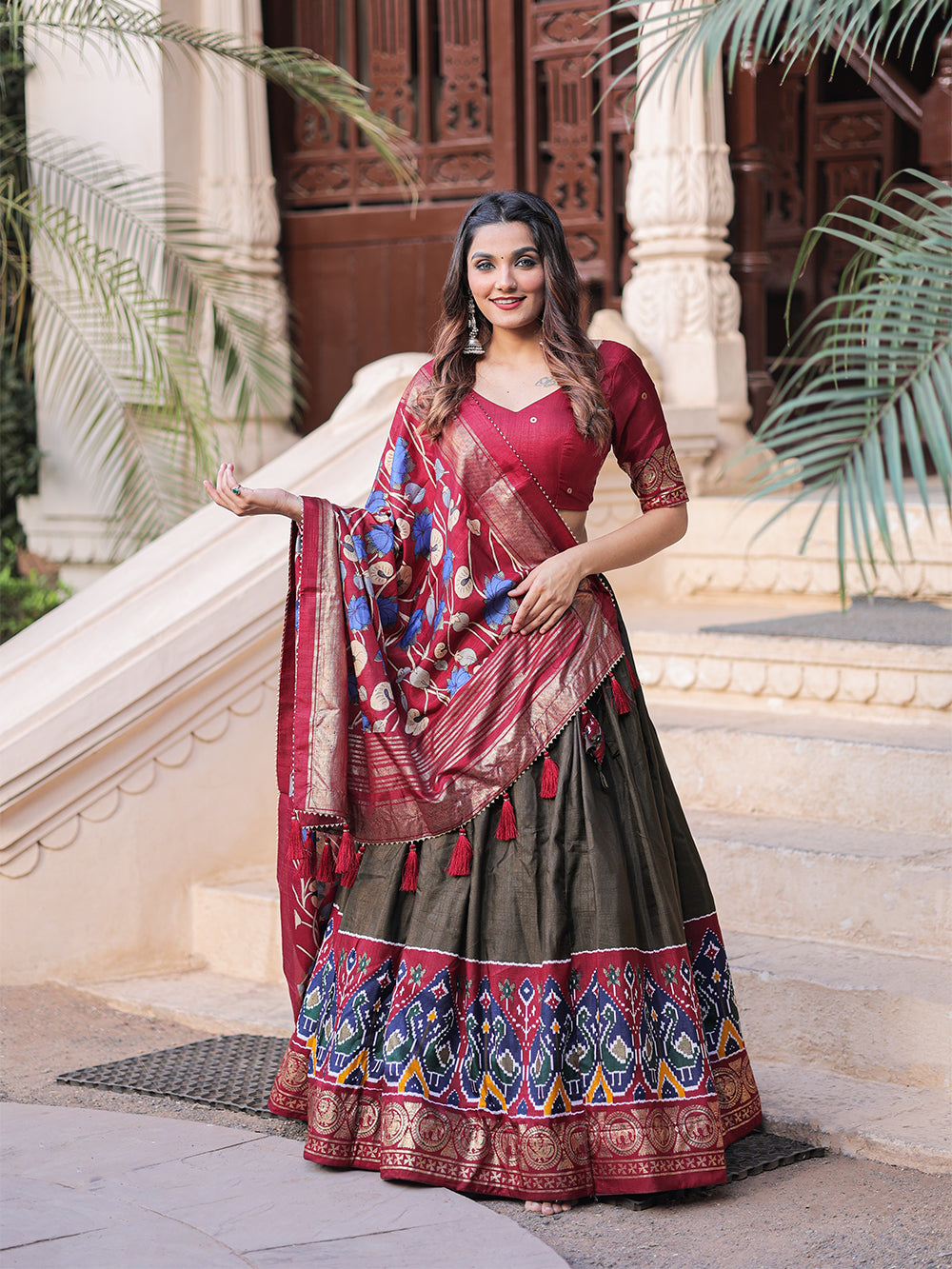 Mehndi Color Printed With Foil Work Dola Silk Lehenga Choli ClothsVilla.com