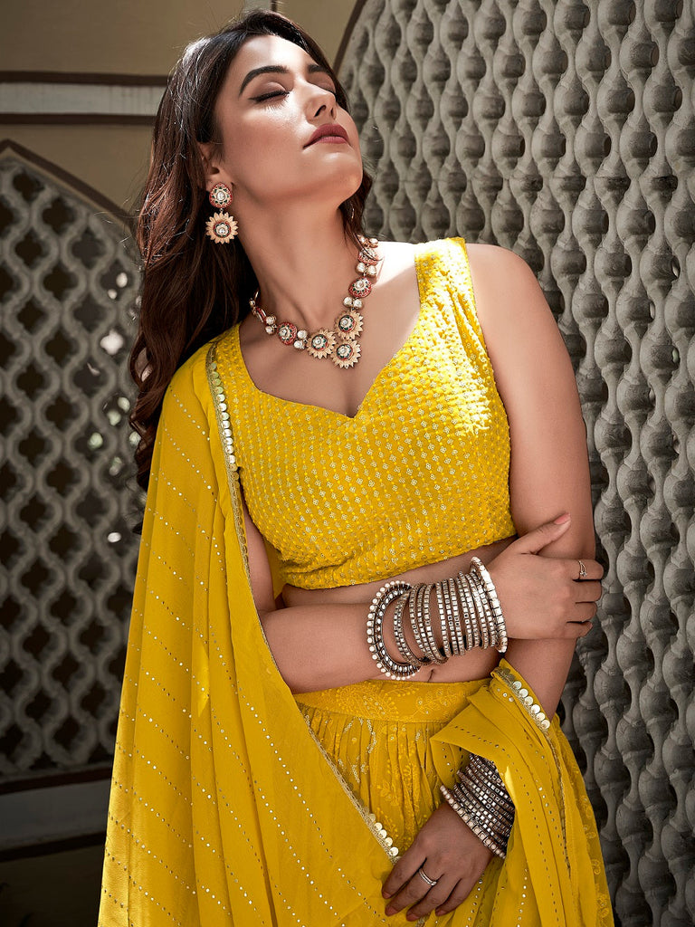 Yellow Color Lucknowi Thread & Sequins Embroidery Work Georgette Lehenga Choli ClothsVilla.com