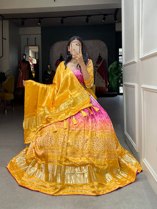 Yellow Color Bandhej Printed Gaji Silk Haldi Rasam Chaniya Choli ClothsVilla.com