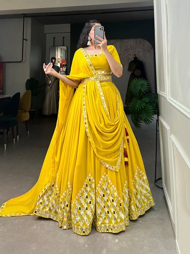 Yellow Color Sequins And Embroidery With Original Mirror Work Georgette Haldi Rasam Lehenga Choli Clothsvilla