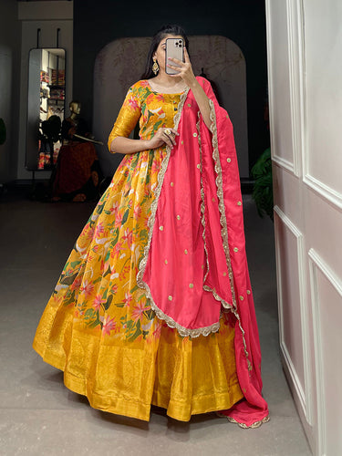 Yellow Color Printed With Weaving Work Patta Soft Chanderi  Dress Clothsvilla