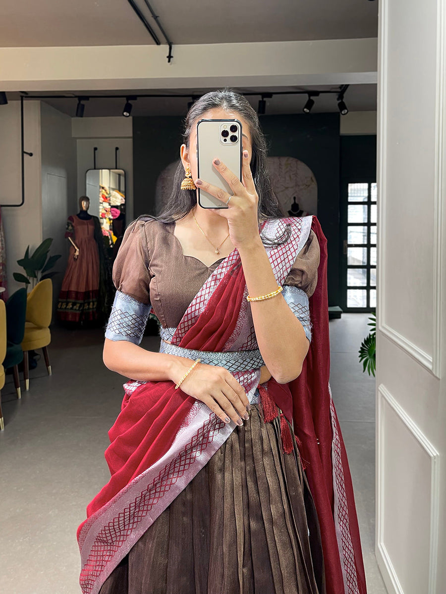 Brown Color Plain And Silver Viscose Chanderi Dupion Silk Semi Stich Half Saree Lehenga Choli