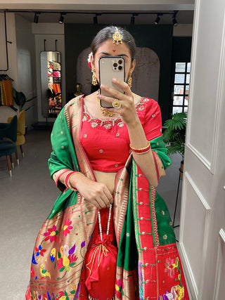 Red Color Weaving Zari Work jacquard Paithani Silk Lehenga Choli ClothsVilla.com