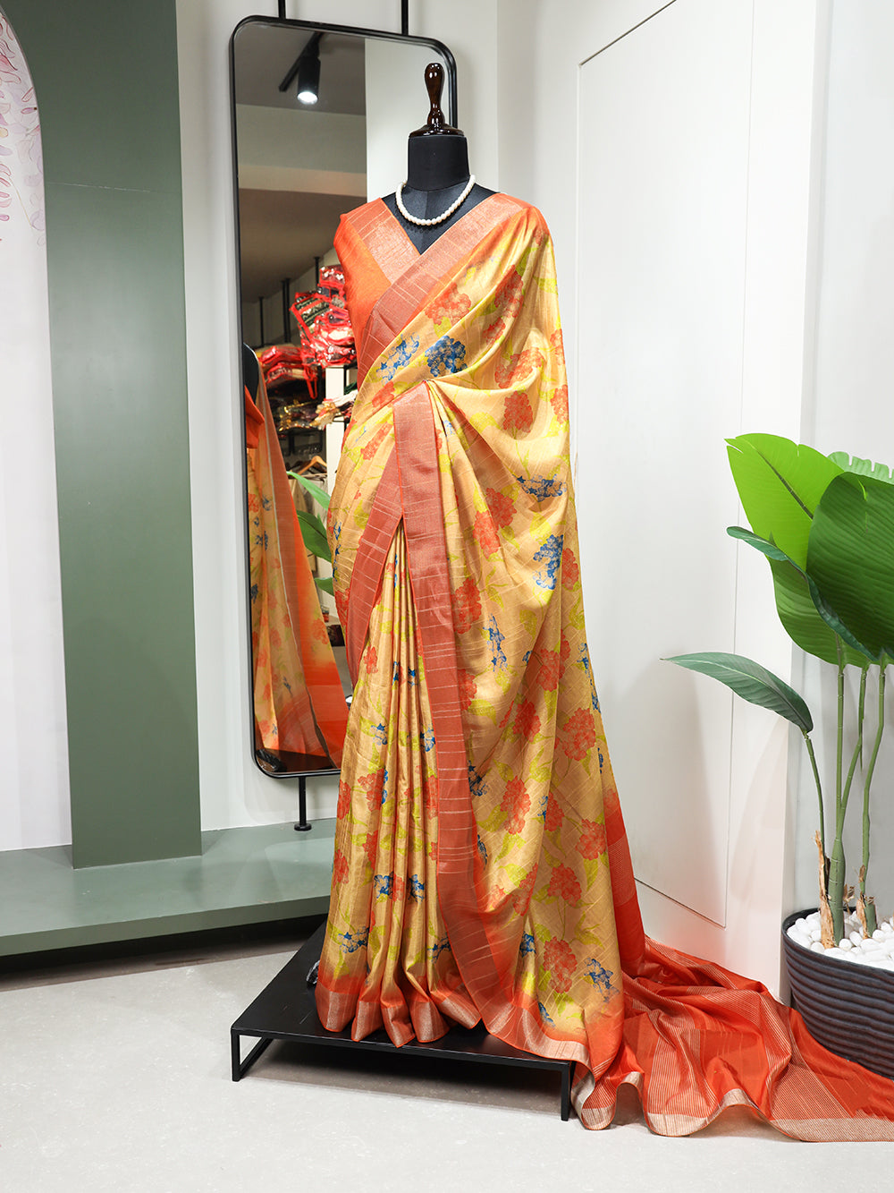 Orange Color Digital Printed Handloom Kotha Border Saree Clothsvilla