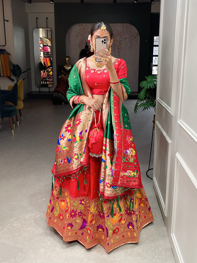 Red Color Weaving Zari Work jacquard Paithani Silk Lehenga Choli ClothsVilla.com