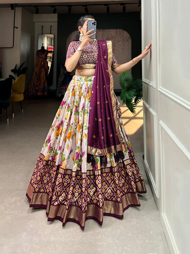 Wine Color Floral And Patola Printed With Foil Work Tussar Silk Wedding Lehenga Choli Clothsvilla