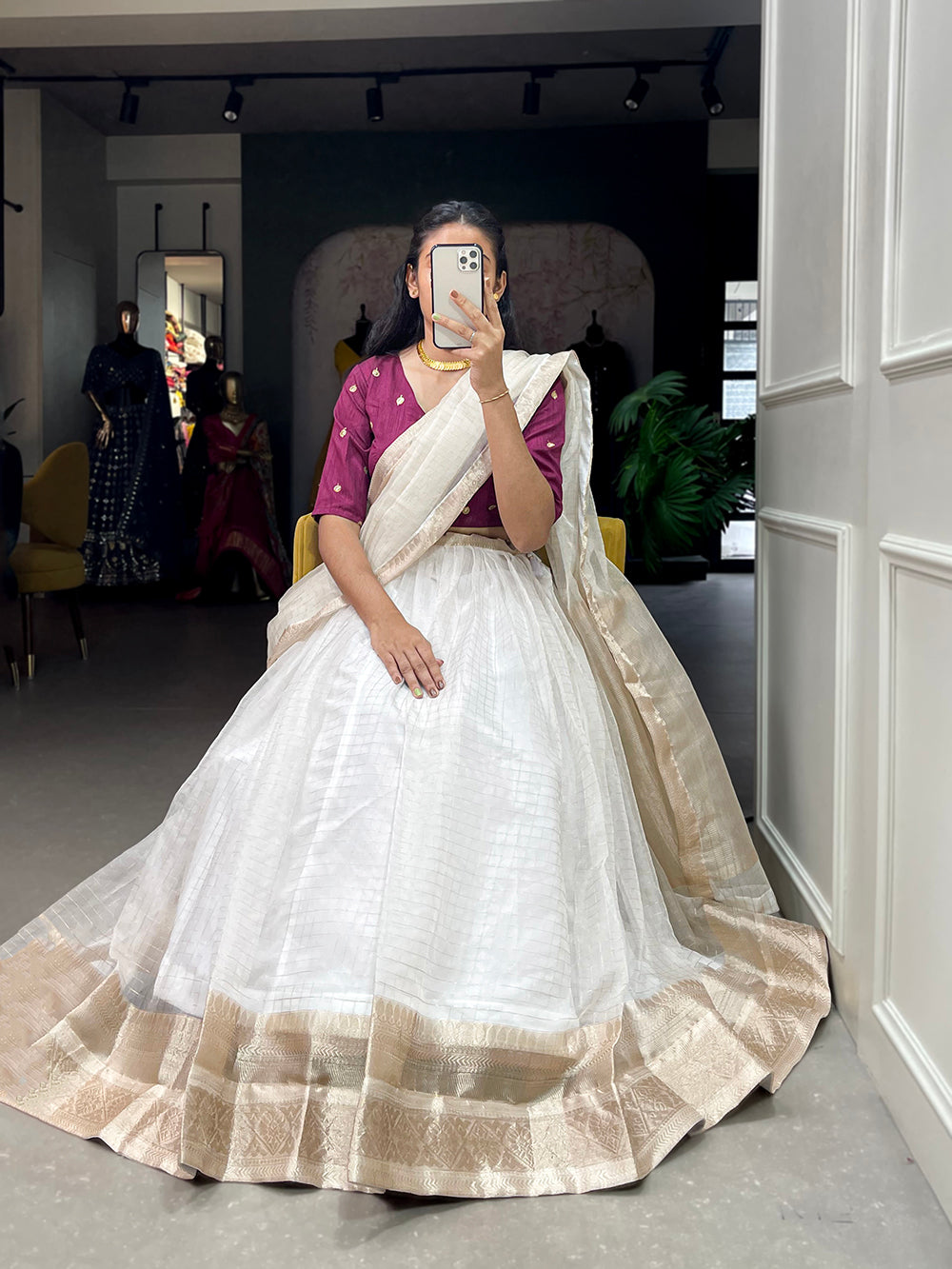White Color Zari Weaving Work Organza Lehenga Choli ClothsVilla.com