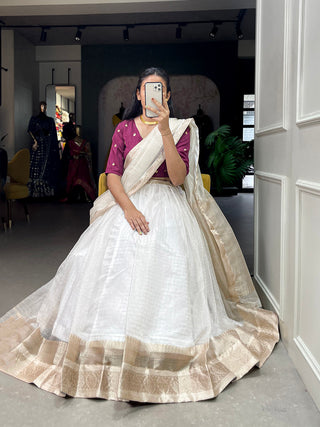 White Color Zari Weaving Work Organza Lehenga Choli ClothsVilla.com