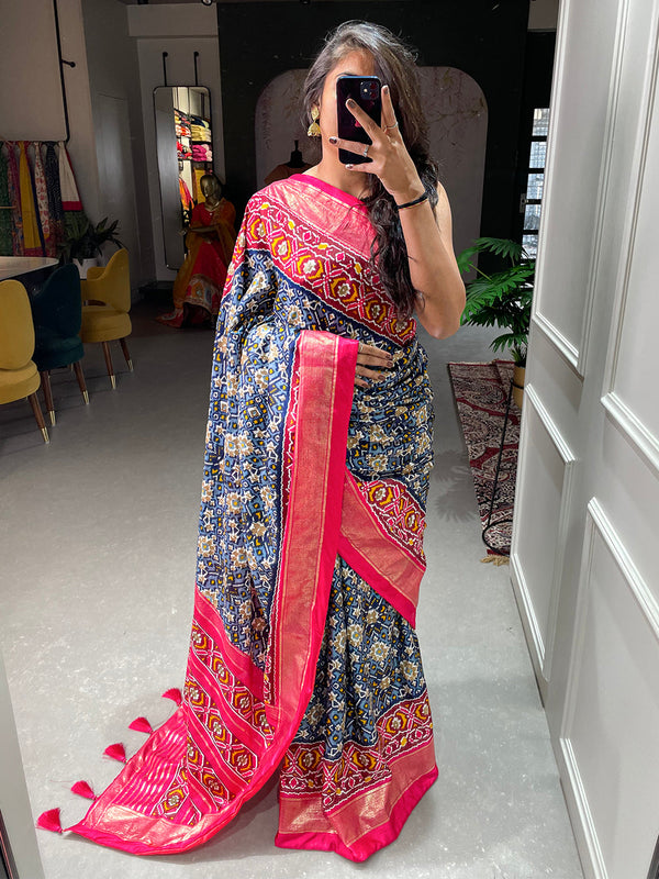 Navy Blue Color Patola Printed Dola Silk Saree Clothsvilla