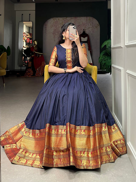 Navy Blue Poly Cotton Kalamkari Print Gown with Zari Weaving Koti main image 1