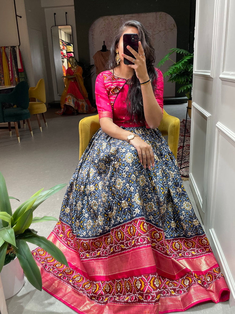 Navy Blue Color Patola Paithani Printed And Foil Printed Dola Silk Gown Clothsvilla