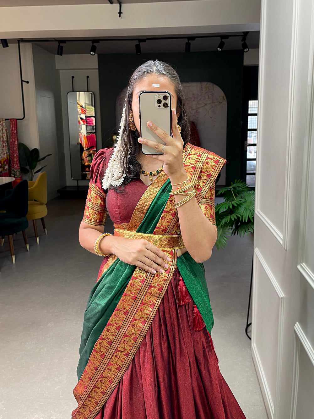 Maroon Color Zari Weaving Work Narayan Pet (Cotton) Pattu Lehenga Choli ClothsVilla.com