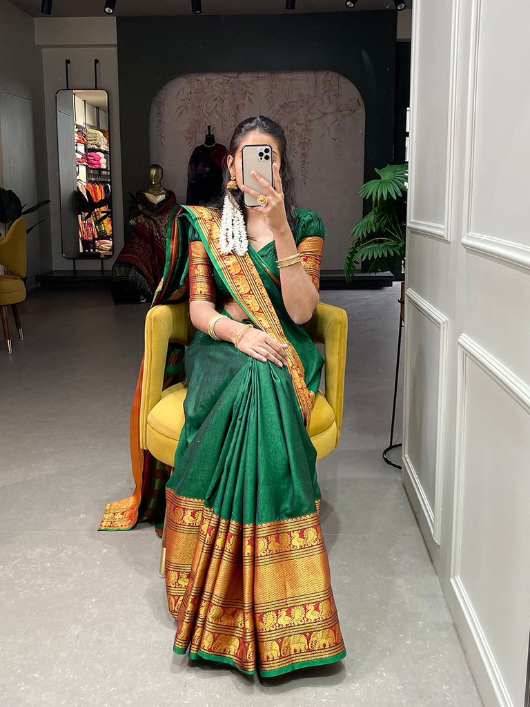 Green Color Zari Weaving Work Narayan Pet Saree Clothsvilla