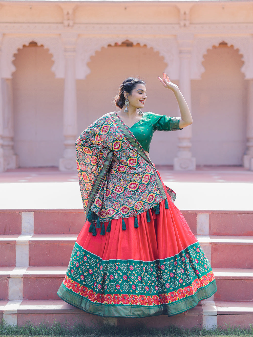 Red Color Printed With Foil Work Dola Silk Lehenga Choli Clothsvilla