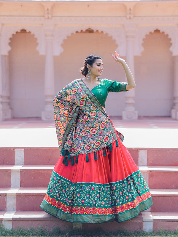 Red Color Printed With Foil Work Dola Silk Lehenga Choli Clothsvilla