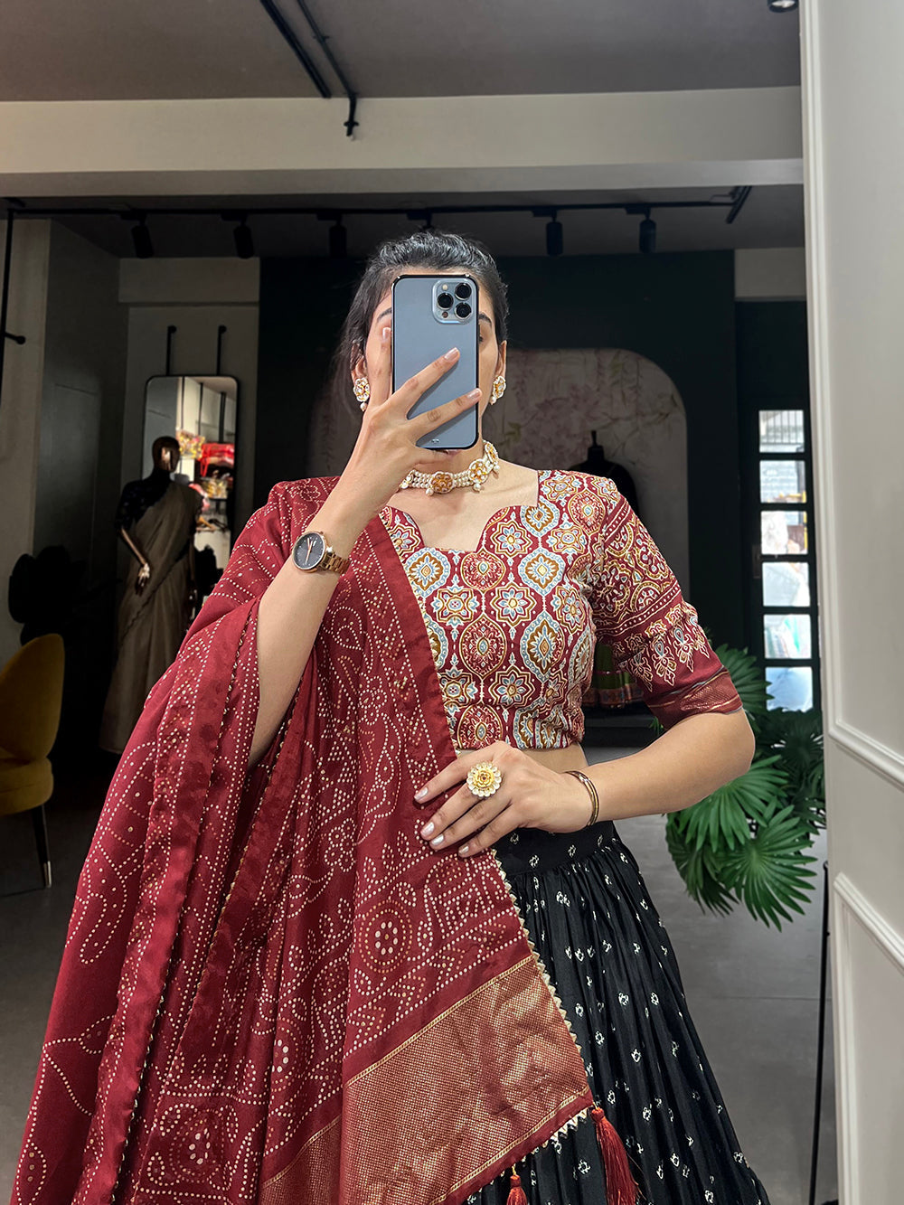Black Color Bandhani And Ajrakh Print With Foil Work  Dola Silk Chaniya Choli Clothsvilla