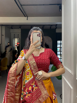 Mustard Color Patola Print With Foil Work Tussar Silk Lehenga Choli ClothsVilla