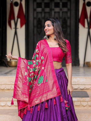 Purple Color Printed With Foil Work Dola Silk Lehenga Choli ClothsVilla.com