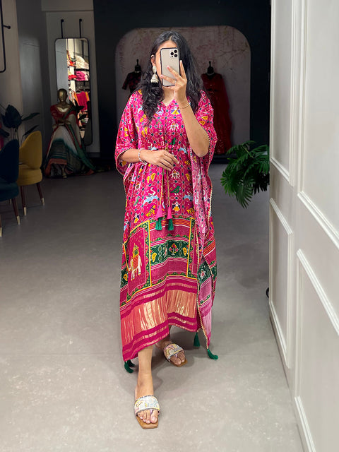 Pink Color Ikkat Patola Printed Gaji Silk Kaftan ClothsVilla Main image