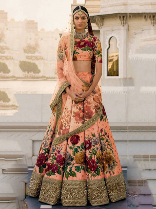Gorgeous Peach Colored Partywear Designer Embroidered Lehenga Choli ClothsVilla