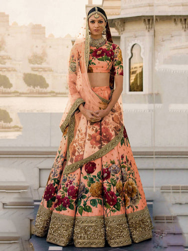 Gorgeous Peach Colored Partywear Designer Embroidered Lehenga Choli ClothsVilla