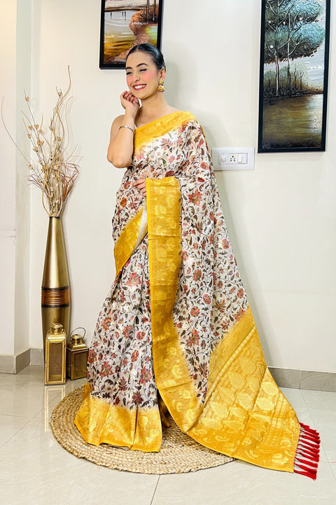Banarasi Silk Floral Printed Contrast Woven Saree Mustard Yellow Clothsvilla Main image