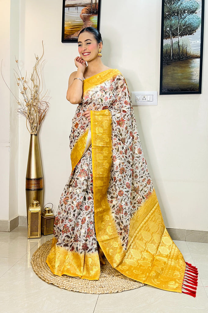 Banarasi Silk Floral Printed Contrast Woven Saree Mustard Yellow Clothsvilla