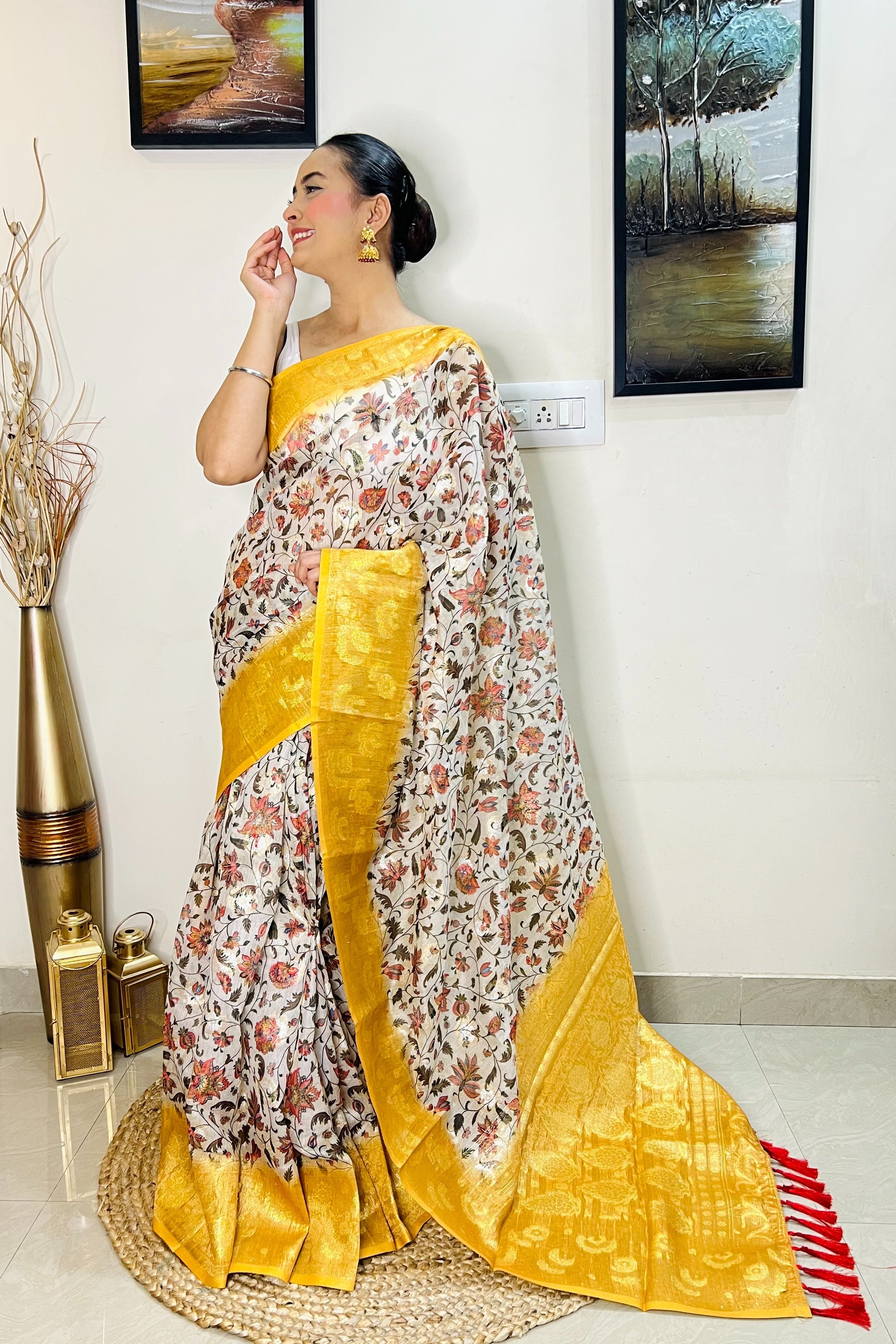Banarasi Silk Floral Printed Contrast Woven Saree Mustard Yellow Clothsvilla