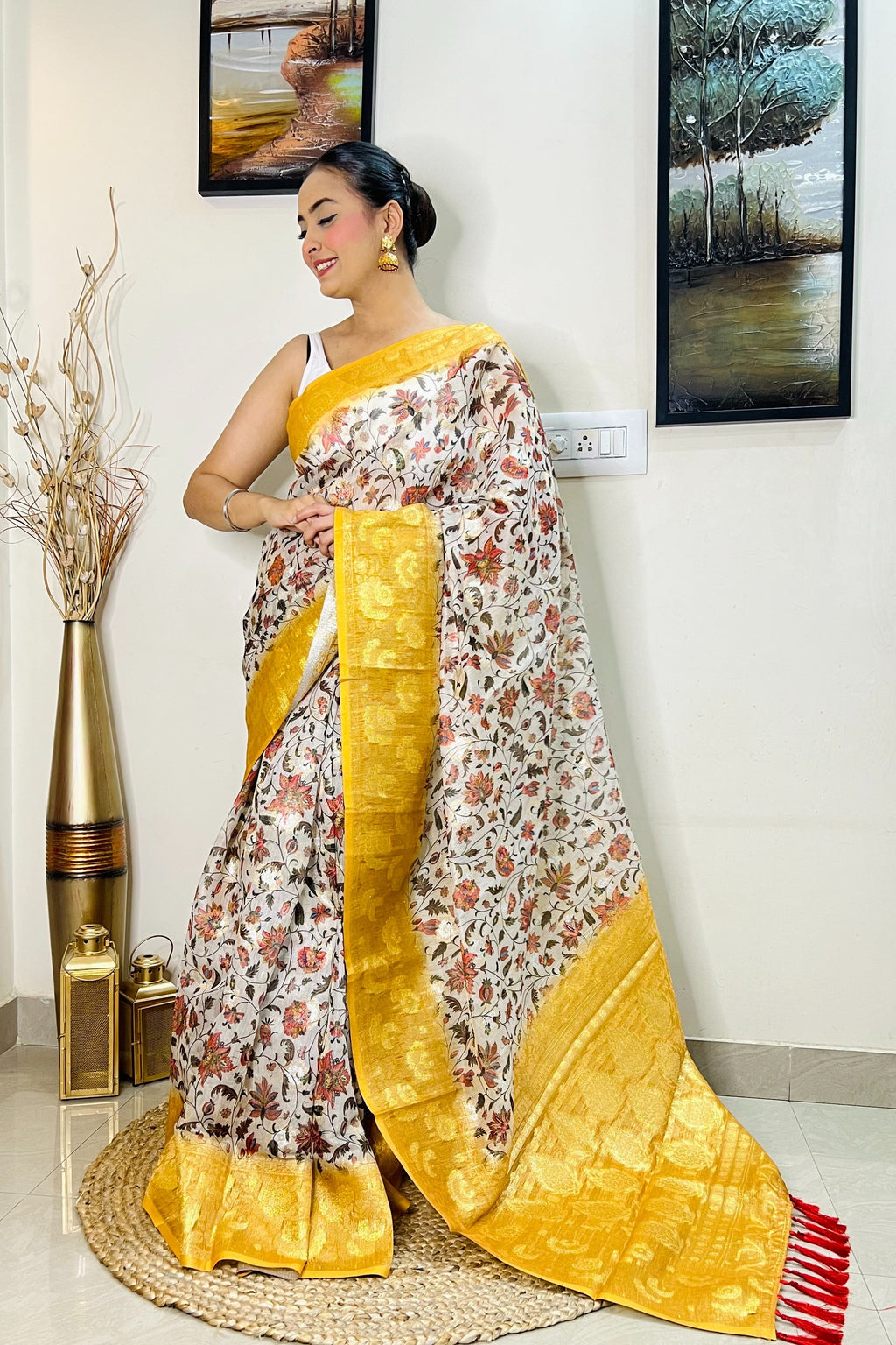 Banarasi Silk Floral Printed Contrast Woven Saree Mustard Yellow Clothsvilla